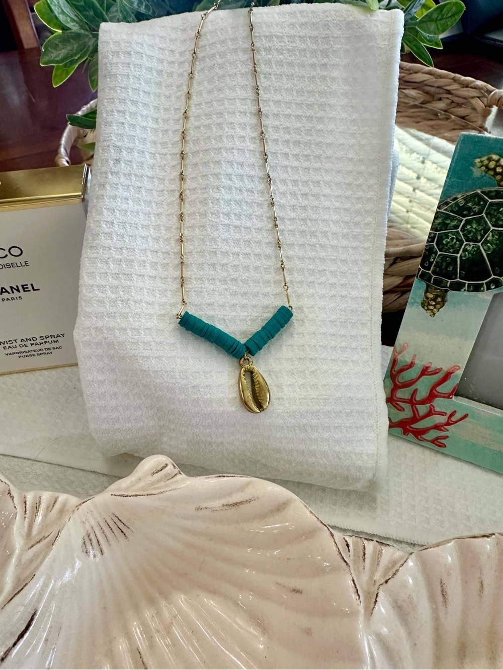 Turquoise & Gold Cowrie Shell Necklace | Boutique Jewelry